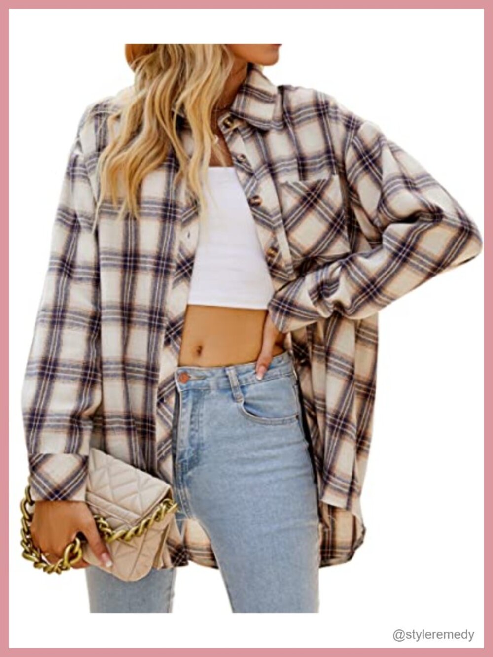 Plaid Flannel Button Down Shirt Long Sleeve Oversized Casual Top